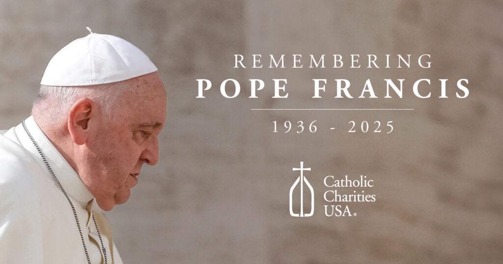 Graphic shows a profile image of Pope Francis in white against a stone wall with the text, "Remembering Pope Francis: 1936 – 2025"
