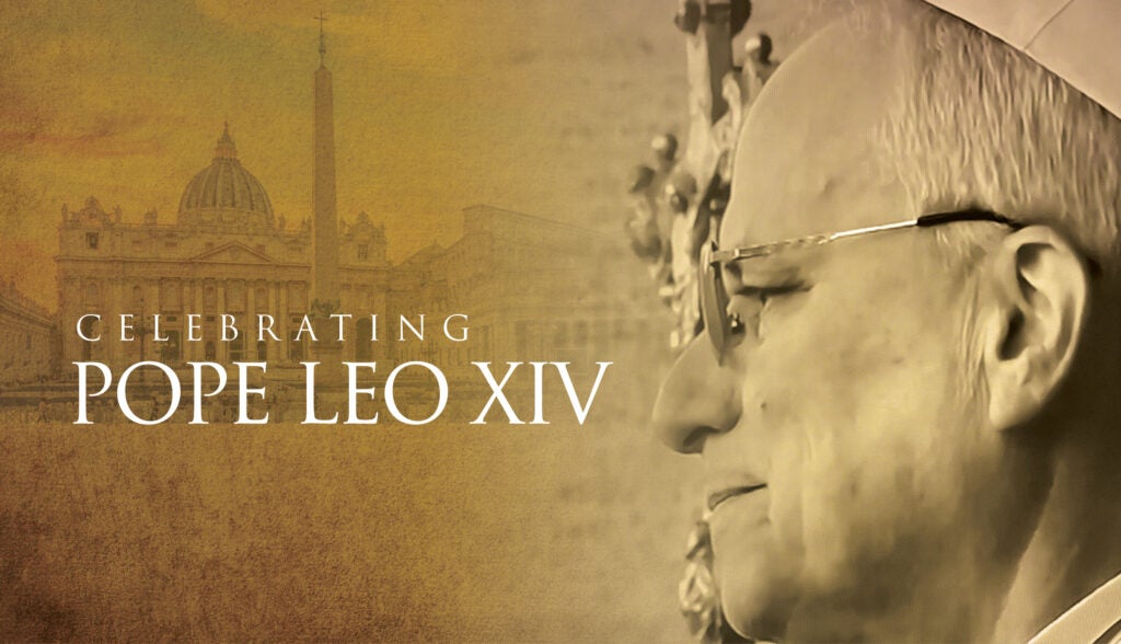 A graphic that reads Celebrating Pope Leo XIV